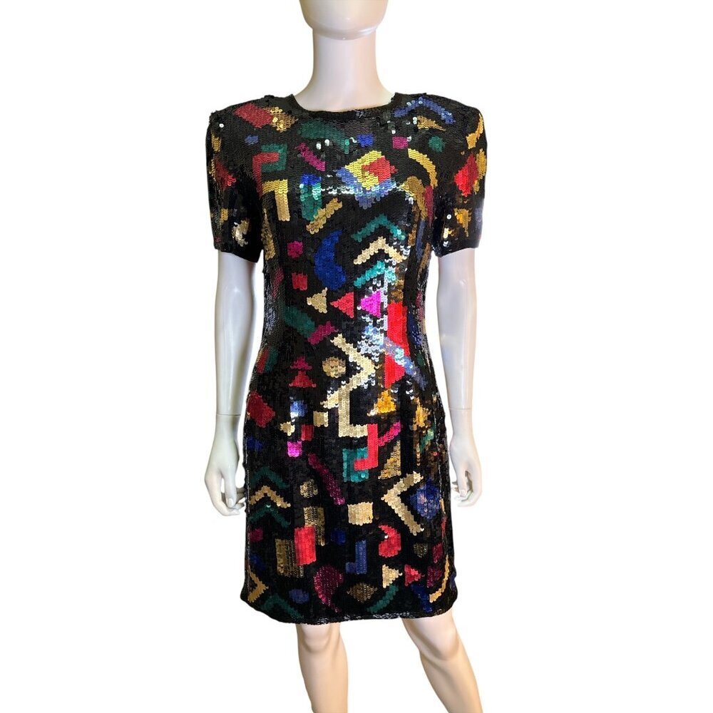 A.J. Bari Vintage 100% Silk Multicolor Sequin Geometric Short Sleeve Dress Sz 12